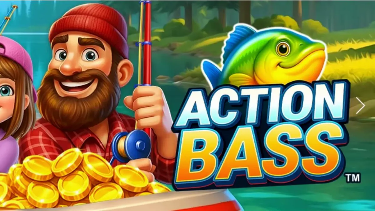 Pemandangan danau yang tenang dan peralatan memancing dalam slot Action Bass